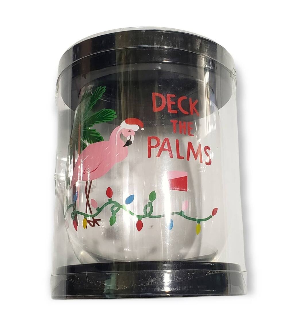 Deck The Palms Flamingo & Christmas Lights Wine Glass Cup Great Holiday Gift